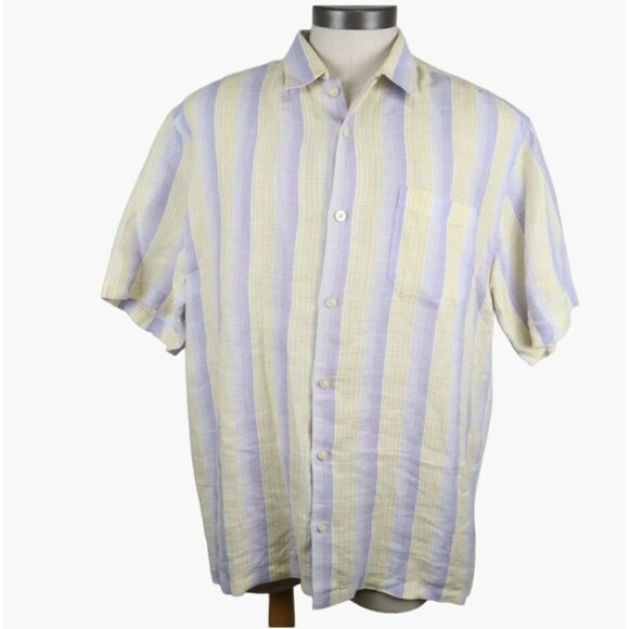 Tommy Bahama 100% Cotton Linen Shirt Men's Size Large Blue & Yellow Vertical Str - Picture 1 of 7
